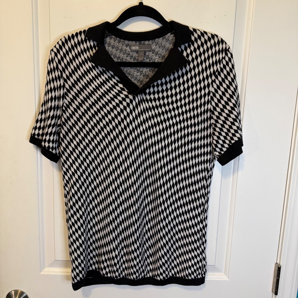 ASOS XS Black White Preppy Checker Print Knit Polo Short Sleeve Shirt